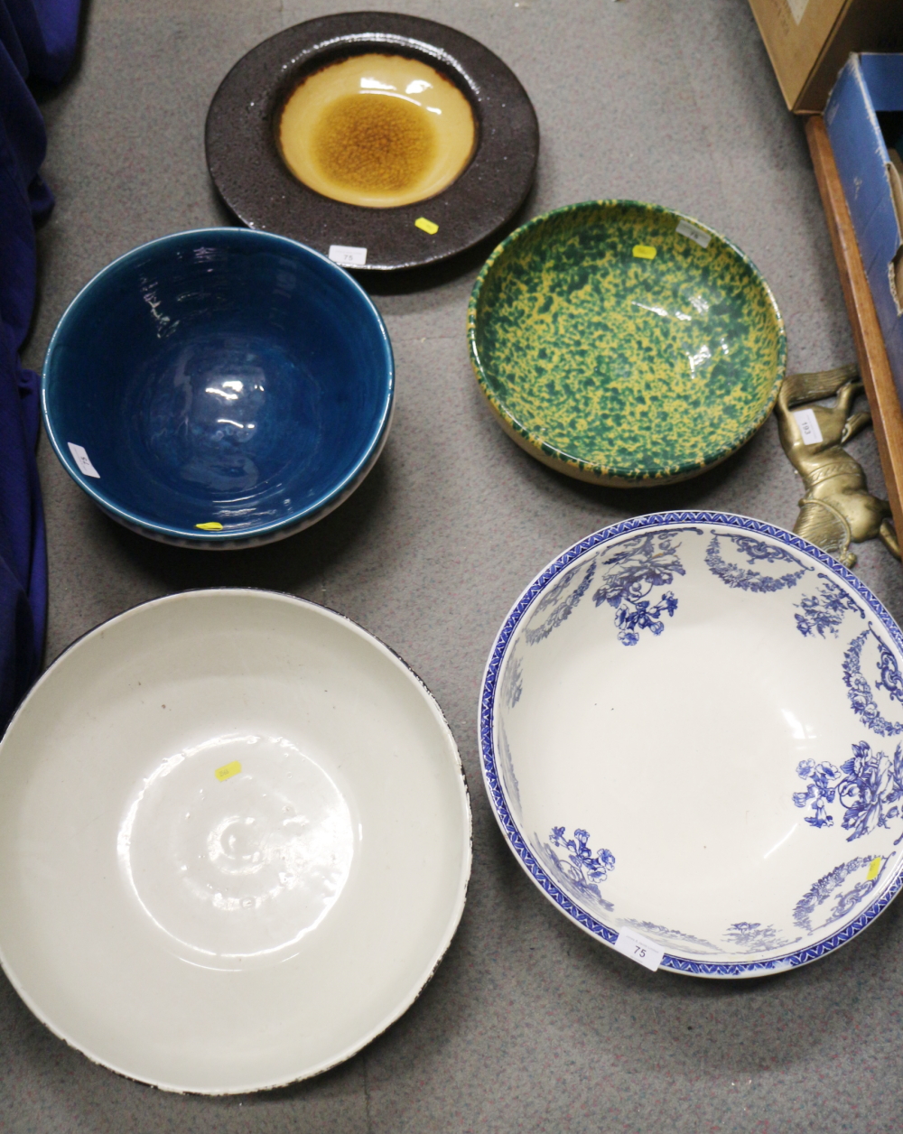 A blue and white washbowl, a splash glazed bowl, 12 1/2" dia, a studio pottery bowl, three other