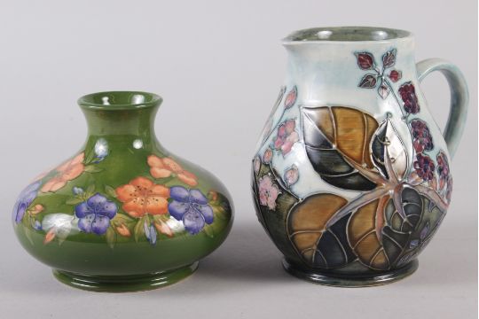 A Moorcroft Sally Tuffin design floral squat vase, 4" high, and a Moorcroft blackberry jug, 5 1/2" - Image 1 of 4