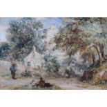 F Tavere: watercolours, "View near Manchester" rural scene with figures, 5" x 7", in gilt frame, and
