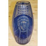 A 1950s blue overlaid cut and engraved glass vase with orthodox Madonna figure, 14 1/2" high