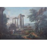 Circle of Claude Lorrain: a pair of 17th century oil on canvas classical landscapes with allegorical