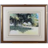 Janet Duncan: watercolours, "Oak tree in the sun - Greenlands", 9 1/2" x 13 1/4", in gilt frame