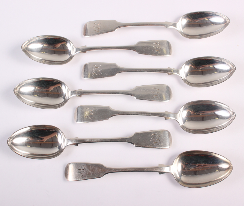 A set of six Victorian provincial silver fiddle pattern teaspoons engraved initials EB, Exeter 1857,