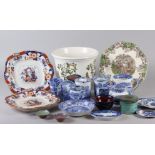 A Spode Italian pattern hair tidy, a ring tree, a preserve jar and cover, and other decorative china