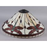 An Art Nouveau design leaded glass lampshade with dragonfly decoration, 21" dia (damages)