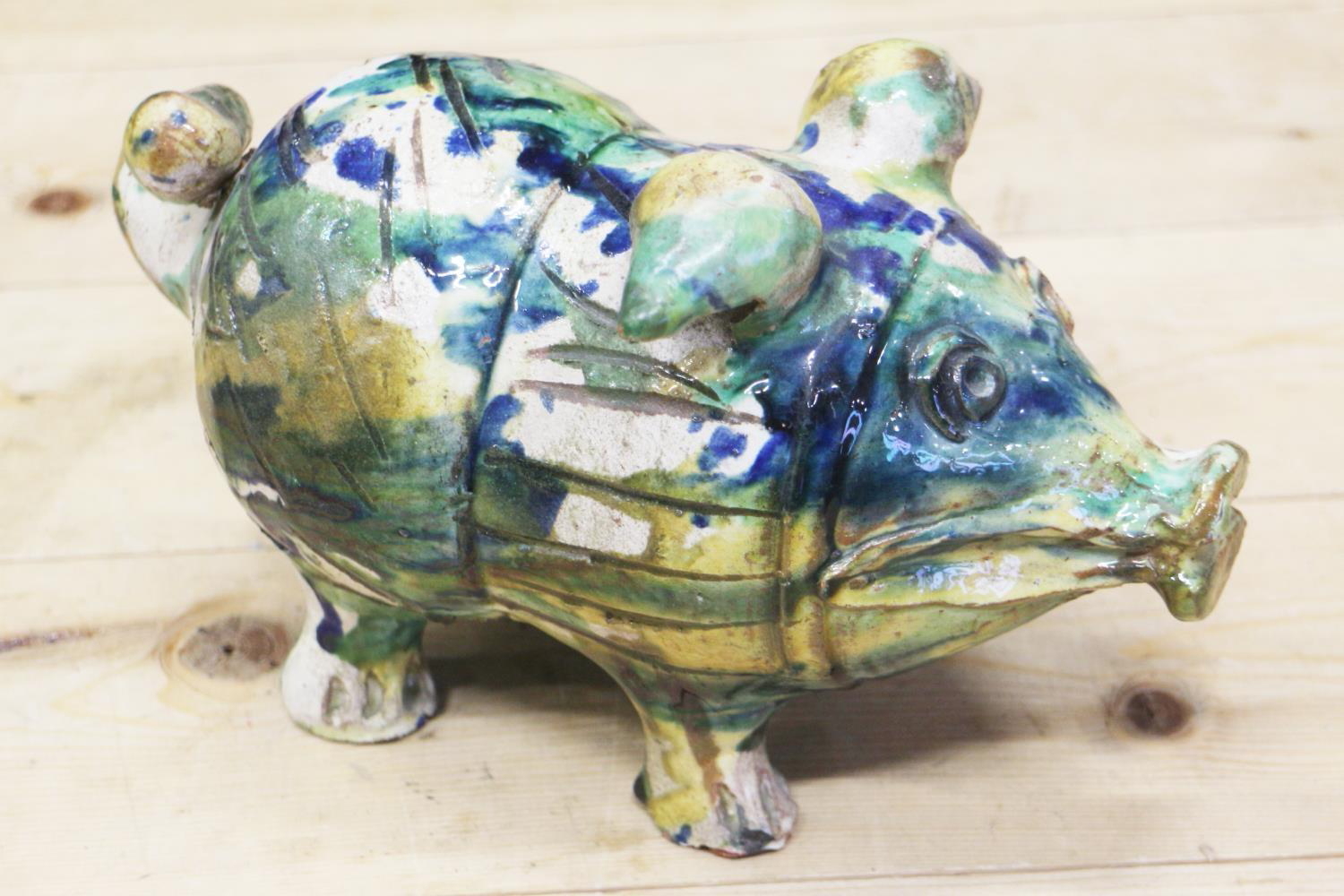 An Italian majolica pig with splashed decoration, 10" long - Image 2 of 4