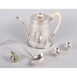 A silver plated Mappin & Webb coffee pot with ivory handles and engraved decoration, a plated ladle,