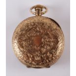 A yellow metal cased ladies open faced fob watch with gilt dial and Roman numerals, 29.4g gross