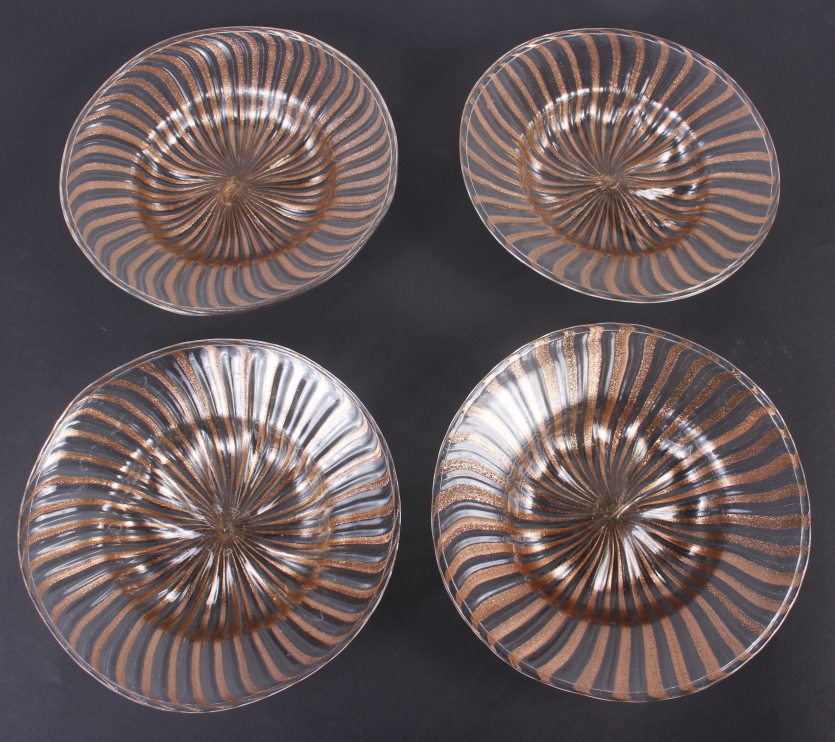 Four Venetian aventurine gold and clear glass plates, 8 1/4" dia