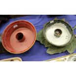 A tray, in the form of a leaf, two flower arranging pots and a bowl