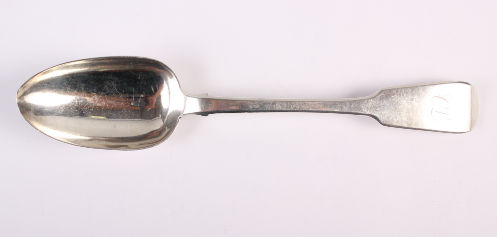 A William IV Irish silver fiddle pattern rat tail serving spoon, engraved initials OL, Thomas Meade,