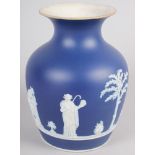 A 19th century Wedgwood blue jasperware vase with classical figure decoration, 6 3/4" high (chip
