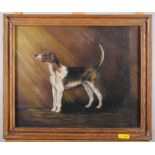 Two oil on canvas faced boards, fox hounds, indistinctly signed, 8 3/4" x 10 1/2", one in gilt