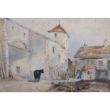 J Morris: watercolours, "Near Epsom" town scene with horse and figures, 6 1/2" x 9 1/2", in gilt