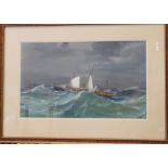 A late 19th century Italian bodycolour, study of a steamer in rough seas, 15" x 25", in burr