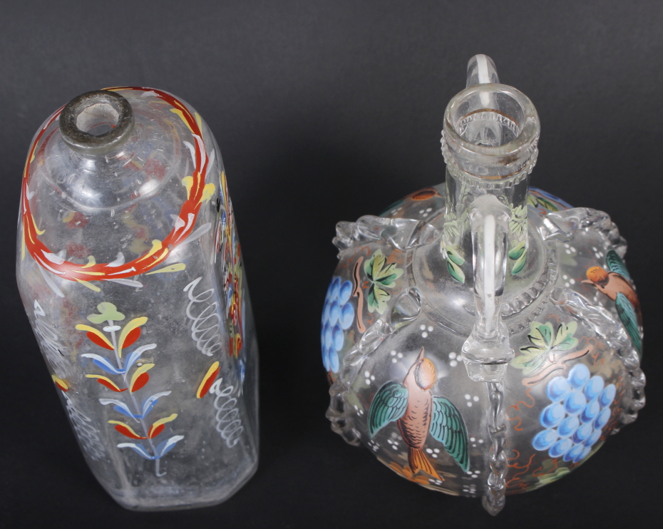 A 19th century glass bottle with carrying handles and enamelled bird and fruit decoration, 6 1/4" - Image 5 of 7