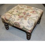 A stool of 17th century design with jacquard woven top, on turned supports, 15" square, and a cane