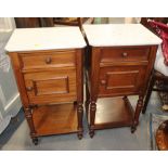 Two early 20th century Belgian mahogany marble top bedside cupboards, fitted drawer over cupboard,