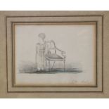 E M Bealings: an early 19th century pencil and crayon study of a naughty child by a chair, 5" x 6