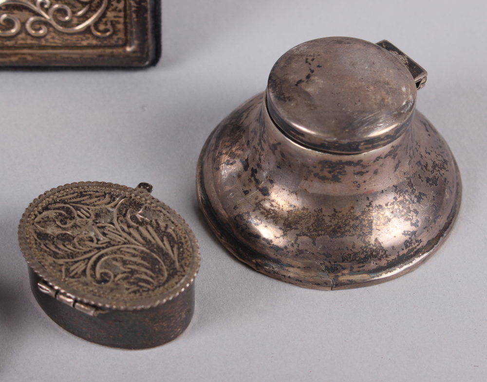 A silver photograph frame, five silver pill boxes, various, a silver capstan inkwell and four silver - Image 5 of 5