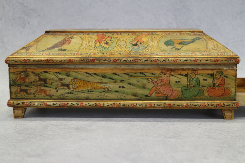 A Mogul design painted bone trinket box with fitted interior and pull-out drawer, on bracket feet, - Image 5 of 10