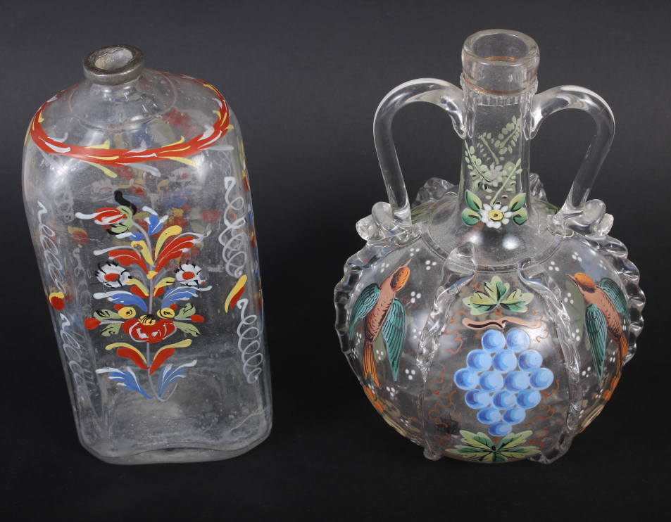 A 19th century glass bottle with carrying handles and enamelled bird and fruit decoration, 6 1/4" - Image 3 of 7