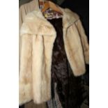 A fawn marmot fur coat, a 1950s mink-type stole, two snakeskin handbags and two crocodile print
