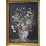 A 19th century feather collage of a vase of flowers, 22 1/2" x 16", in gilt frame (some moth