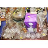 A Victorian cut glass claret jug, three decanters, four custard cups, other glassware, a hen egg