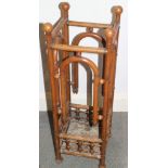 A late 19th century ash and bentwood brass mounted stick stand, on ball feet, 9" square x 29"