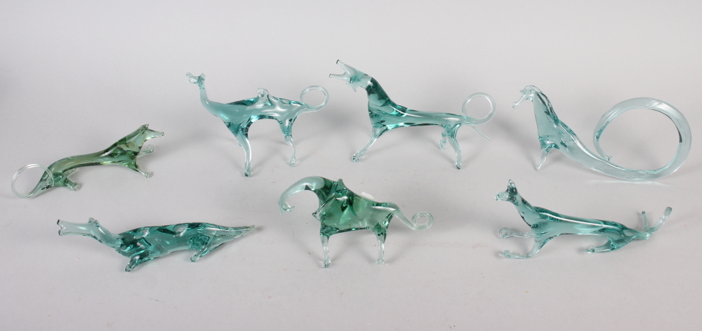 Seven Venetian green and clear glass animals, tallest 4 1/2" high (damages)