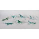 Seven Venetian green and clear glass animals, tallest 4 1/2" high (damages)