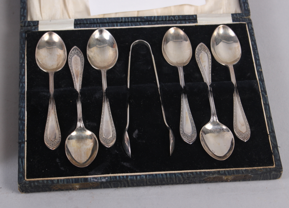 A cased set of six silver teaspoons, another set of teaspoons, a silver plated pair of sugar - Image 3 of 5