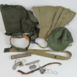 A quantity of US Military issued items including; gas mask carry bag,