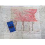 Five vintage British cloth maps including Bartholomews Aldershot District WWI trench maps.