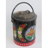 Canal ware; a traditionally painted lidded pot with loop handle over entitled 'Peggys Pot',