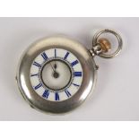 A HM silver half hunter fob watch having white enamel chapter ring to front of case with blue Roman