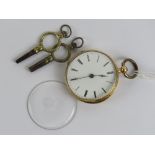 An 18ct gold ladies fob watch, case stamped 18k a/f, white enamel dial with black Roman numerals,