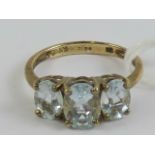 A 9ct gold and aquamarine three stone ring,