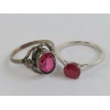 Two silver and pink gemstone rings, solitaire size O-P,