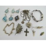 A quantity of silver and white metal jewellery including Blue John pendant, chains, bracelets,