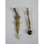 A 9ct gold art nouveau pendant having seed pearls upon, stamped 9ct, drop deficient, 3.