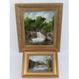 Two contemporary oil on board landscape pictures by Arthur Baker; River Lugy, Near Capel Curig,