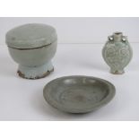 Three Oriental Celedon ceramic items including small vase, 6cm high, shallow dish, 9cm,