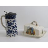 A Hawthornden blue and white jug with pewter lid c1900,