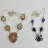 Two hard stone necklaces each marked 925, one having large druzy agates,