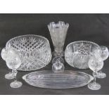 Two large cut glass fruit bowls together with a glass tray , an Art Deco glass vase,