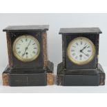 Two polished slate and marble mantle clocks each with enamelled dial having Roman numerals,