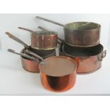 A 19th century graduating set of six copper pans having cast handles (handles a/f),