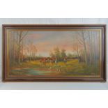 Oil on canvas; hunting scene, riders on horseback with hunting dogs before,